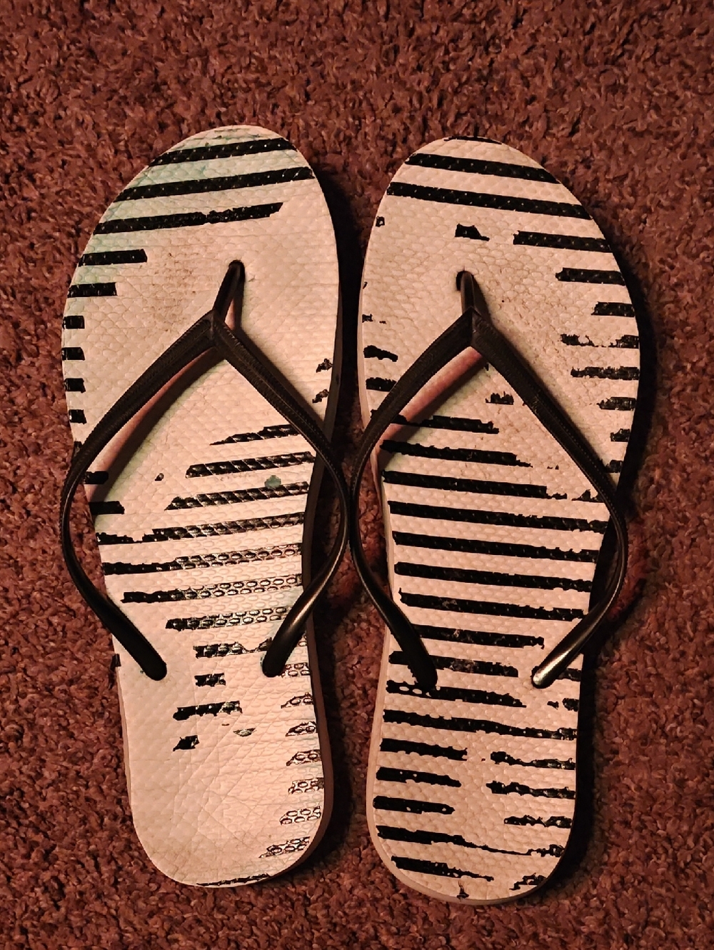 Black And White Striped Sandal Flip Flops with Black Stripes VERY WORN!